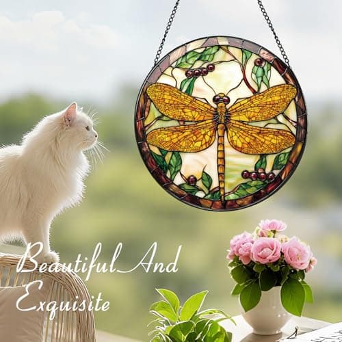 Zizzie Dragonfly Plant Suncatcher -7.9 in Stained Glass Window Hanging Sun Catcher Garden Decor - Thumbnail 6