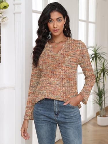 COCOMARTS Womens Waffle Knit V Neck Tops Long Sleeve Henley Shirts Casual Blouses Fall Winter Outfits 2025 Trendy Clothes Golden Apricot XX-Large - Thumbnail 2