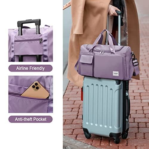 WOOMADA Foldable Travel Duffel Bag with Shoes Compartment, Overnight Bag with Wet Pocket & Trolley Sleeve, Weekender Bags for Women(A-grayish purple) - Thumbnail 6