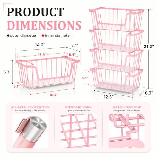 SUNALLY Stackable Storage Bins 6 Pcs Wire Baskets for Pantry Organizers and Storage, Vegetable Fruit Storage Basket for Countertop Organizer,Kitchen Storage Baskets for Onion Potato Snack,Pink - Thumbnail 2