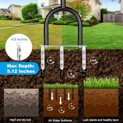 Manual Lawn Aerator Tool, 3 Hollow Tines Plug Lawn Core Aerator, Heavy Duty Hand Soil Aerator Tool with Adjustable Handle, Grass Aeration Garden Tools for Lawn Care, Compacted Soil, Yard - Thumbnail 2