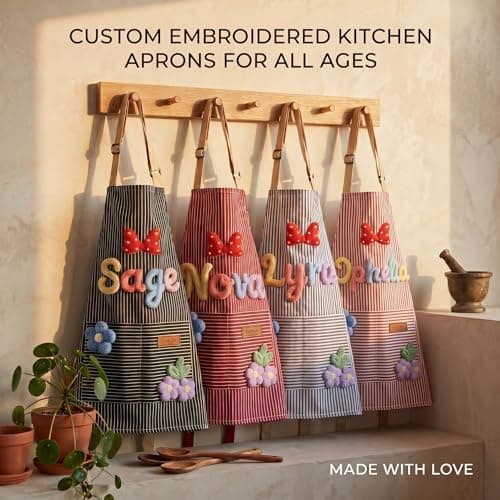 Customizable personalized aprons in adult and child sizes with printed names; these waterproof aprons for kitchen cooking, baking, painting feature pockets and adjustable straps, ideal for home use. - Thumbnail 3