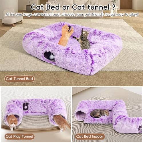 Extra Large Cat Tunnel Bed, 4 Ways Tunnels for Indoor Cats, Multi-cat Family Pet Bed & Cave, Plush Cat Donut with Washable Middle Mat, Exit Balls, Pet Play Toy for Kitten Puppy Rabbit, Purple - Thumbnail 3