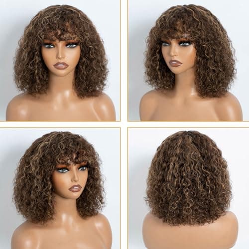 JOEDIR HAIR Fluffy Wig Human Hair Wigs for Black Women Wear and Go Afro Curly Bob Wig with Bangs 12 Inches Water Wave Glueless Wigs 250% Density (F4/27 Ombre Brown) - Thumbnail 5