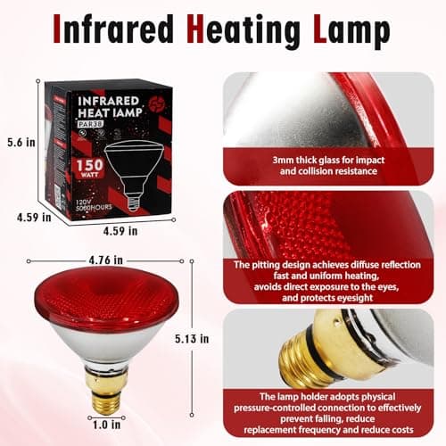 SFYJZJUUS Heat Lamp, 175W Heat lamp Bulbs, PAR38 Infrared Heat lamp, Halogen Heat for Food Service, Brooder Bulb, Chicks, Pet, Bathroom, Light Therapy Use E26 Base, Flood Light Heat Lamp. 2 Pack - Thumbnail 6