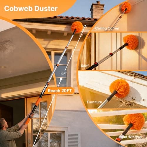 Newfinder 7-in-1 High Ceiling Duster Kit with 4-12ft Extension Pole, Ceiling Fan Duster, Cobweb Duster, Microfiber Duster, Window Cleaner & Squeegee, Wall Mop, 20ft Reach Duster with Extension Pole - Thumbnail 3