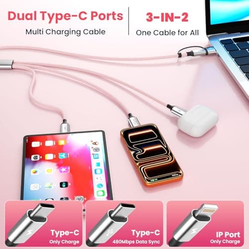 Jogrytece Beach Travel Essentials for Multi Charging Cable, 5FT 2Pack Nylon USB A/C Cord 3in2 Charging Cable, USB Cable Charger Cord with Dual Type -C/L Port for iPhone 17 16 Galaxy S25 iPad - Thumbnail 2