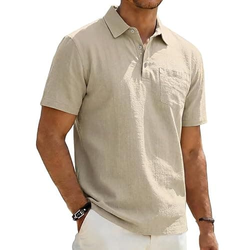 TRFIC Mens Polo Shirts Short Sleeve Golf Shirts for Men Linen Casual Summer Classic Collar Shirts with Pocket Beige - Image 1