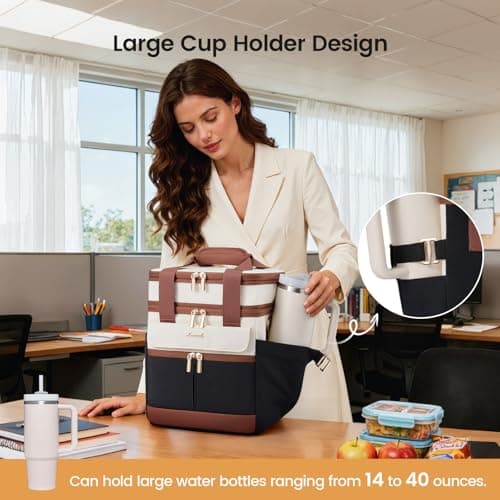 LOVEVOOK Insulated Lunch Bag Women Men,Expandable Double Deck Lunch Box for Women With Large Cup Holder,Leakproof Cooler Bag For Adult Lunch Tote Bag Work Picnic Beach with Adjustable Shoulder Strap - Thumbnail 3