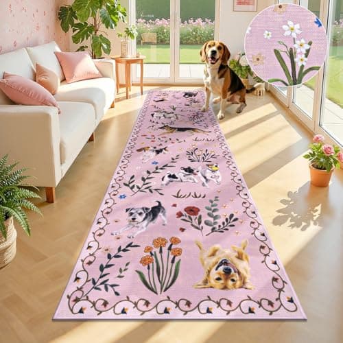 LOKHOM Hallway Runner Rug 2x8 Washable Animal Dog Print Linen Kitchen Rug with Rubber Backing, Non Slip Low Pile Soft Boho Floral Carpet for Entrance Laundry Bedroom, Pink