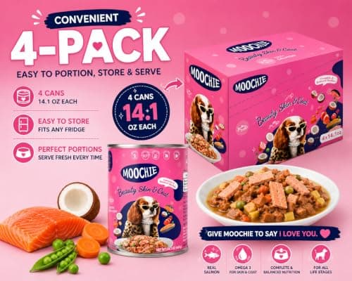 MOOCHIE Skin & Coat Wet Dog Food - Salmon, Chicken & Beef Liver- Grain Free - No Artificial Flavors or Preservatives - 4 × 14.10 oz cans - Thumbnail 6