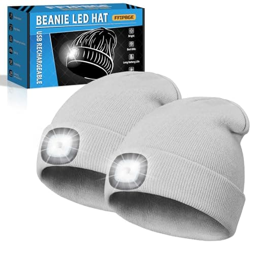 FFIPBGE Beanie Hats with Light, USB Rechargeable LED Hand Free Headlamp, Ideal for Camping, Hiking, Fathers Day Dad Gifts, Birthday Gifts for Husband, Dad, Men, 2 Pack, Grey