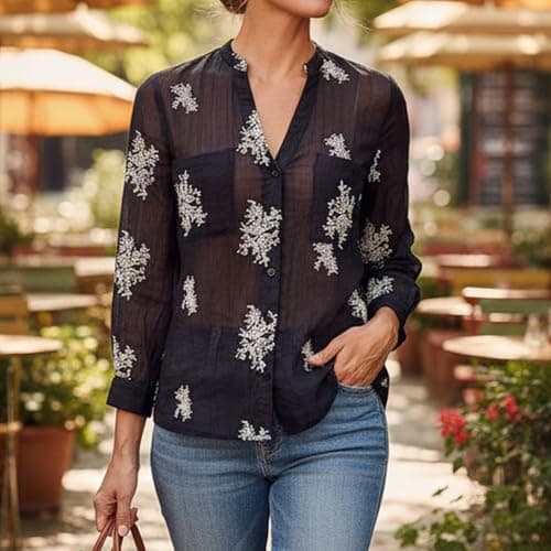 Women's Long Sleeve Sheer Floral Embroidered See Through Button Down Blouse Lightweight Boho V Neck Shirts Medium YG010 Black M - Thumbnail 5