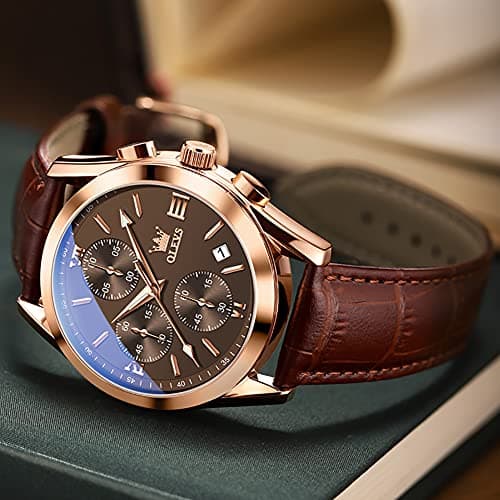 OLEVS Brown Leather Watch Chronograph Dress Water Resistant Classic Mens Watch with Leather Band Casual Analog Young Men's Wrist Watches Relojes para Hombres - Thumbnail 3