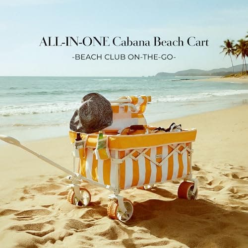 DEER LAND Beach Wagon Cart with Big 6.7" Fat Tires, Foldable Sand Wagon for Beach, Camping & Outdoor Use – Large Capacity, Easy Pull Design, Cala Serena Ochre Stripe - Thumbnail 2