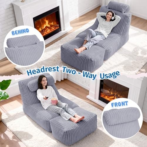 HABUTWAY Giant Bean Bag Chairs for Adults,Bean Bag Lounger with Removable Cover,Large BeanBag Chair with Ottoman&Storage Pocket,Memory Foam Filled Bean Bag Sofa for Living Room,Bedroom-Plush LightGrey - Thumbnail 3