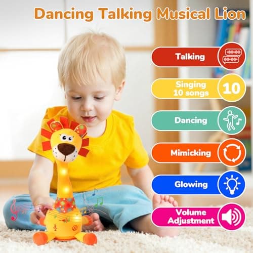 Dancing Talking Lion Plush Toy, Interactive Mimicking Recording Repeating Lion Stuffed Animal, Singing 10 Children's Songs, Tummy Time Light Up Toy for Toddlers 1-3 Years, Forest Birthday Party Gifts - Thumbnail 2
