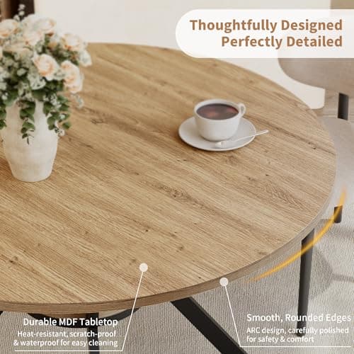 MECHYIN 42 Inch Round Dining Table for 2–4, Farmhouse Round Kitchen Table with Storage Shelf, Pedestal Dining Table, Wood Top & Metal Base, Small Space Table for Apartment, Dining Room - Thumbnail 5