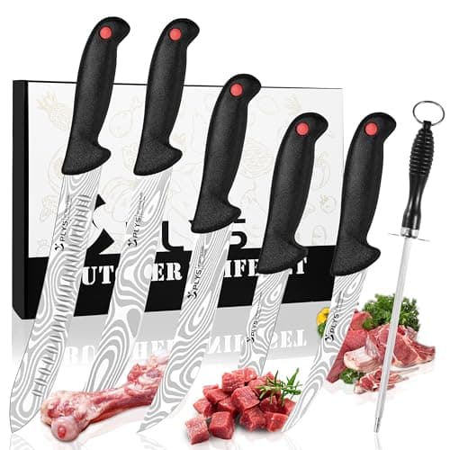 Plys 7-Piece Butcher Knife Set for Meat Processing & BBQ | Includes 10" Butcher, 6" Boning, 6" Skinning, 6" Fishing, 8" and 10" Slicing | Damascus Pattern Design | 4Cr13Mov Stainless Steel Blades - Image 1