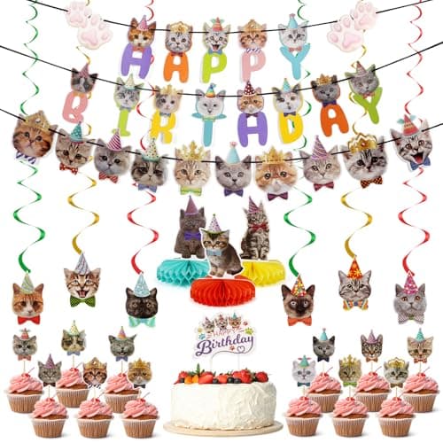 27Pcs Cat Birthday Party Decoration Supplies,Cat Themed Party Supplies Include Kitten Party Birthday Banner Hanging Swirls & Honeycomb Centerpieces & Cake Cupcake Toppers for Cat Faces for Pet Kid - Image 1