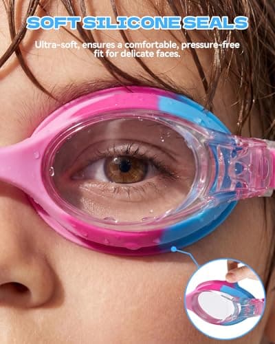 Aegend Swim Goggles for Kids Age 3-8 Anti-Fog Clear Vision Full Protection Goggles Perfect for Toddler Swimming (Blue & Pink-2 Pack) - Thumbnail 2