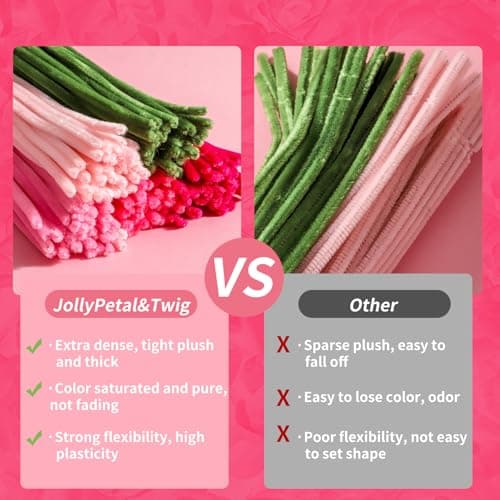 JollyPetal&Twig Pipe Cleaners Craft 5 Colors,Chenille Stems Plush Craft Kit,Pink Pipe Cleaners Flowers Kit with Floral Tape for Wedding Gifts Graduation Bouquet (Pink) - Thumbnail 4