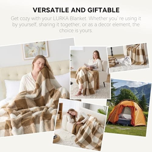 LURKA Checkered Sherpa Fleece Throw Blanket – Soft and Cozy, Medium Weight for All Season, Oversized Plush Throw for Couch, Bed & Pets, Brown, 90x90 Inches - Thumbnail 2