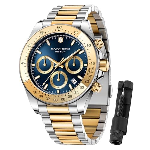SAPPHERO Mens Watches Stainless Steel Analog Quartz Chronograph Waterproof Men's Wrist Watches Business Classic Fashion Dress Watch with Calendar Gifts for Men
