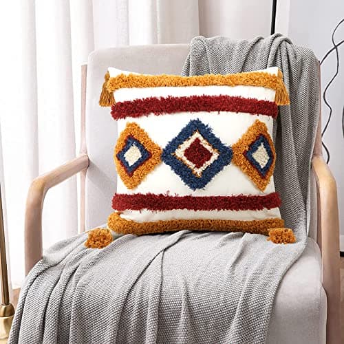 Pyonic Boho Throw Pillow Covers 18x18 Woven Tufted Decorative Pillow Covers with Tassel,CR-Color-a - Image 1