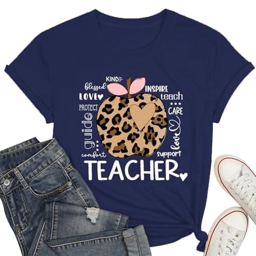 Leopard Print Apple Teacher Shirt for Women-Inspirational Heart Tee Tops Teacher Love Teach Inspire Short Sleeves - Image 1