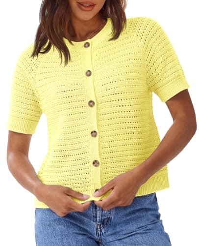 Saodimallsu Womens Crochet Cardigans Short Sleeve Button Down Knit 2026 Summer Casual Crew Neck Sweater Tops Yellow - Image 1