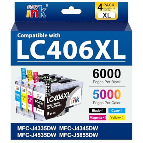 Starink LC406XL Ink Cartridges Replacement for Brother LC406XL LC406 XL LC406 Compatible with MFC-J4335DW MFC-J4535DW MFC-J5855DW MFC-J6555DW MFC-J6955DW Printer Black, Cyan, Magenta, Yellow, 4P
