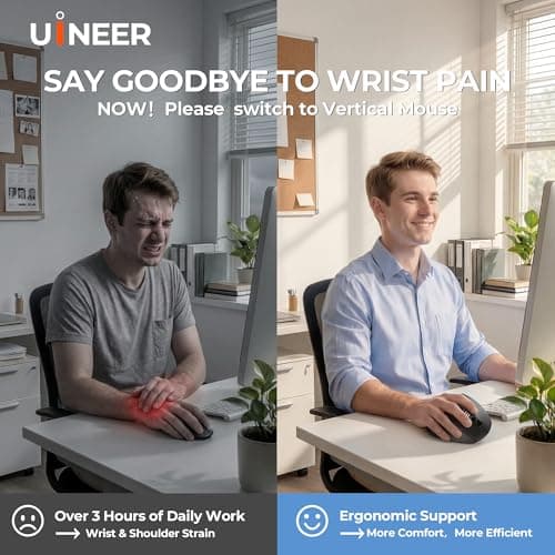 Uineer Wireless Ergonomic Mouse, Wireless Bluetooth Rechargeable Vertical Mouse, 7 Color LED, 4 DPI Adjustable, USB-A Receiver, Wrist Strain Relief,Optical Mice for Computer/PC/Laptop, Black (Black) - Thumbnail 3
