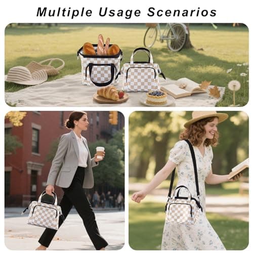 U+U Reusable Lunch Bag for Women Men Leakproof Lunch Tote Bag with Adjustable Strap, Holds Lunch Box, Snacks, Fruits for Work, Picnic or Travel - Insulated, Large Capacity, Waterproof(Khaki Checkered) - Thumbnail 2