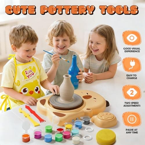 Skirfy Mini Pottery Wheel Machine Kit for Beginners Kids with Light,Electric Ceramic Wheel with Foot Pedal&Painting Kit, Adjustable Speed,Clay Spinner DIY Tools for Art Craft Birthday (Brown) - Thumbnail 6