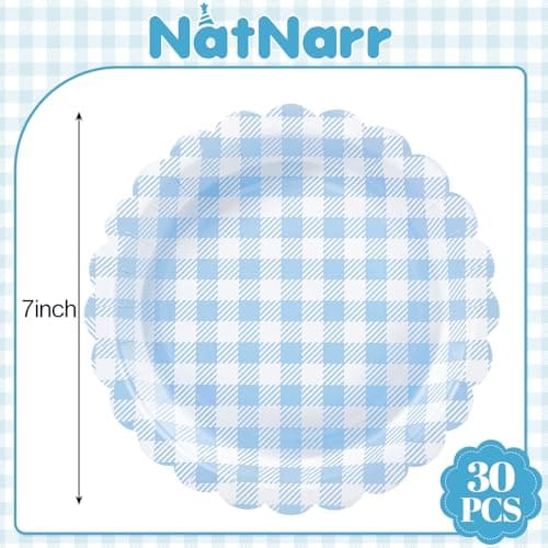NatNarr 30 Pcs Light Blue Gingham Plates, 7 Inch Scalloped Plaid Camping Dessert Dinner Party Plates Blue and White Gingham Party Supplies for Boy Baby Shower, Wedding, Birthday - Thumbnail 2