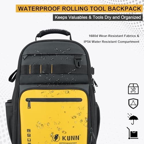 KUNN Rolling Tool Backpack with Wheels, Heavy Duty Waterproof Wheeled Tool Bag, 47 Pockets & Loops Work Backpack for Electrician Construction HVAC, Yellow - Thumbnail 6