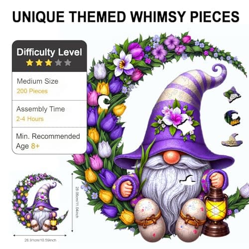 Gnome Wooden Puzzles for Adults, Flower Tulip Unique Shape Wooden Jigsaw Puzzle for Adults 200 Piece, Challenging Floral Moon Gnome Puzzles, Creative Gift for Friend Family Game Wall Decor 11*10.6in - Thumbnail 2