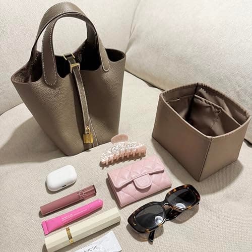Purse Organizer Insert for Picotin 18/22, Satin Bag Organizer for Picotin Bags, Lightweight Purse Essentials for Women Luxury Handbags, Soft Touch Inner Liner with Multiple Pockets (Etoupe grey, PC22) - Thumbnail 2