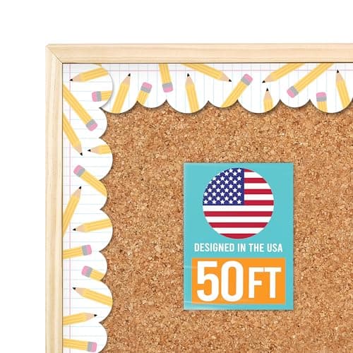 50ft Bulletin Board Borders Trim - Classroom Borders for Bulletin Board Decorations, Teacher Supplies for Classroom Decor Preschool, Kindergarten & Elementary, Pencils Scalloped Boarders
