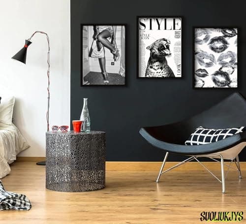 3Pcs Trendy Black and White Leopard Canvas Wall Art Vintage Newspeper Cheetah Wall Decor Fashion Girl Poster Heels Lips Picture Luxury Feminist Painting Print Poster Artwork for Apartment Dorm 12x16in Unframe - Thumbnail 2