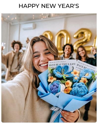 Lizzton Crochet Flowers Bouquet Valentine's Day Gift for Wife Girlfriend Mother Women, Handmade Artificial Knit Blue Rose Tulip Flower for Wedding Anniversary Birthday Valentine Present, Home Decor - Thumbnail 3