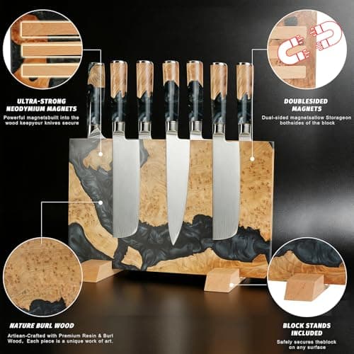 Magnetic Knife Block for Kitchen – Handcrafted Burl Wood Resin, Holds 16 Knives, Strong Neodymium Magnets, Safe Countertop Knife Holder - Thumbnail 2