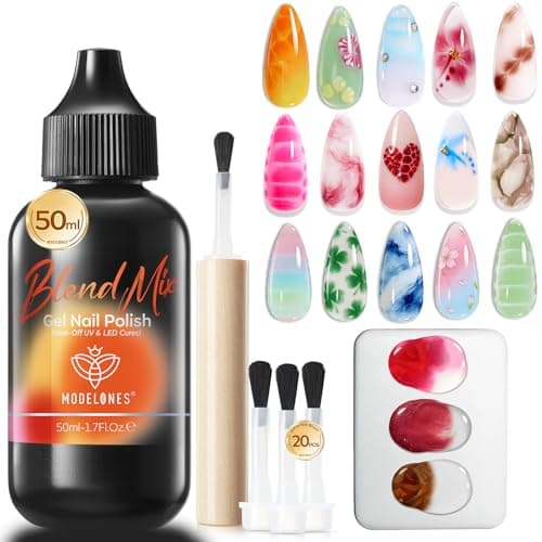 modelones 50ML Blend Mix Blooming Gel Nail Polish Set with Nail Art Palette & 20PCS Nail Brushs, Clear Blooming Gel for Spreading Effects Floral Print Marble Design Mix Color Glitter Nail Art DIY - Image 1