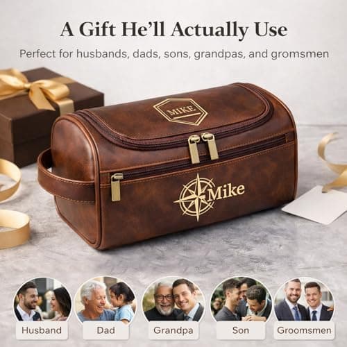 Xpanrous Personalized Travel Toiletry Bag - Hanging Toiletry Bag for Men Water Resistant Leather Shaving Bag with Large Capacity for Travel, Custom Engraving Gift for Husband Dad (Light Brown) - Thumbnail 5