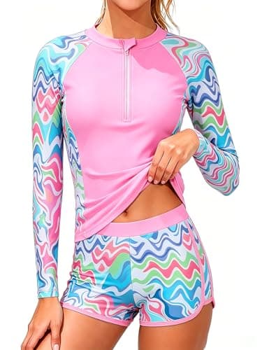 Dolxico Girls Rash Guard Swimsuits 2 Piece Long Sleeve Bathing Suits UPF 50+ Half Zip Printed Boyshorts for Tweens Girls' Summer Swimwear Size 9-10 Years(Pink Wave) - Image 1