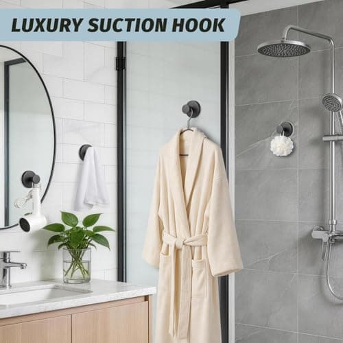 warlve Large 15lb Suction Cup Hooks for Shower, No-Drill Bathroom Towel Hooks for Robes, Loofah, Removable Mountable on Glass, Tile, Mirrors, Smooth Non-Porous Surfaces (2, Matte Black) - Thumbnail 6