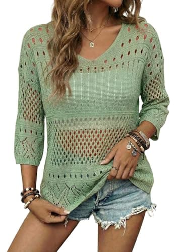 EVALESS Spring Sweaters for Women 2026 Crochet Knit Tops 3/4 Short Sleeve Lightweight Summer Sweaters Vacation Outfits Beach Vacation Clothes Cute Round Neck Cover Ups for Women Green Sweater, Small - Image 1