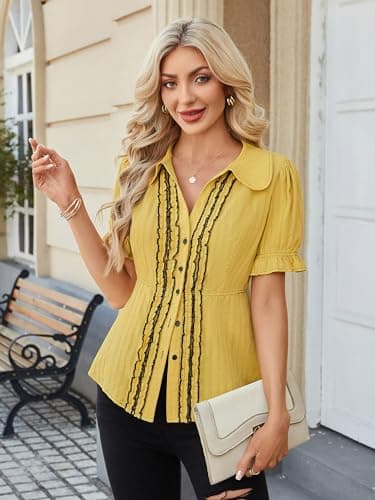 ECOWISH Women's Button Down Shirt - Peter Pan Collar Cotton Blouse Summer Dressy Short Sleeve Loose Fit Work Tops Yellow XL - Thumbnail 6