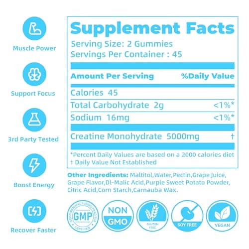 novomins Creatine Monohydrate Gummies 5000mg for Men & Women, Chewables Creatine Monohydrate for Muscle Strength, Muscle Builder, Energy Boost, Pre-Workout Supplement(90 Count)-Grape Flavor. - Thumbnail 3